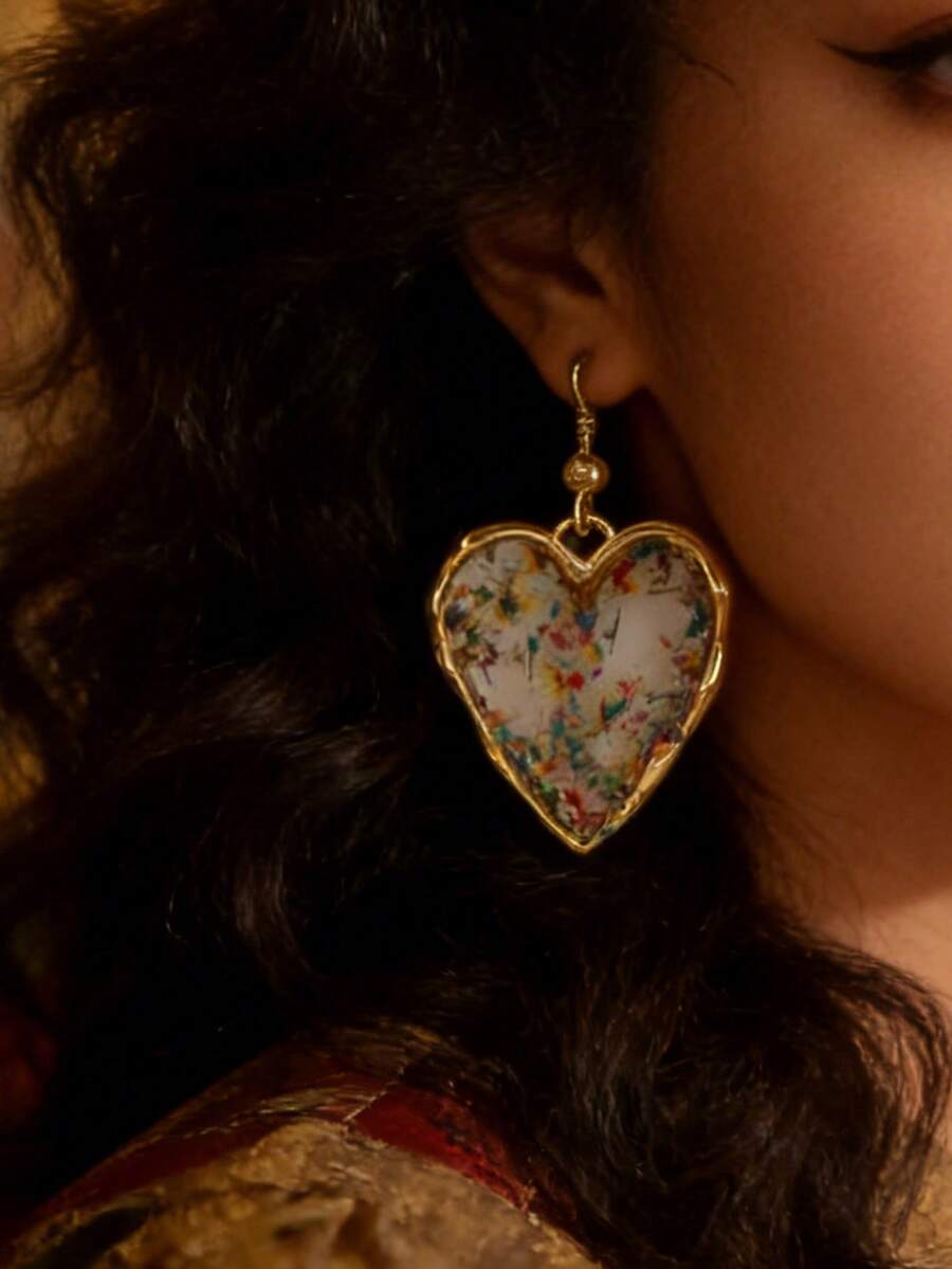 手工压花树脂耳环，经典树脂花片耳环，欧式耳钉，心形亮片吊坠耳环，花朵耳环，树脂耳环，花朵树脂水滴耳环 - 彩色 - 查看 1