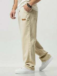 Men's Slant Pocket Drawstring Elastic Waist Washed Denim Jeans - Apricot - View 2