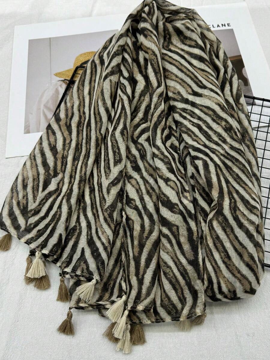 1pc Women's Casual Striped Pattern Tassel Lightweight Scarf, Spring/Summer - Multicolor - View 1