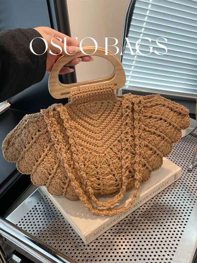 Geantă vintage pentru femei, cu capacitate mare, croșetată, din lemn, țesută, cu închidere magnetică și design de dantelă de nișă, geantă de umăr minimalistă casual, potrivită pentru plajă, vacanță, vară