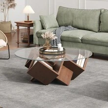 Mesa de Centro Redonda con Tapa de Cristal y Estantes de Almacenamiento con Base Geométrica Abstracta de Estilo Art Déco, Nogal, 35.4" - 1 - Ver 1