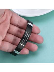1pc Adjustable Men's Christian Bracelet Stainless Steel And Silicone Strap With Cross Charm And Bible Verse Inspirational Religious Jewelry Gift For Husband Father Boyfriend Son - Đen - Xem 4