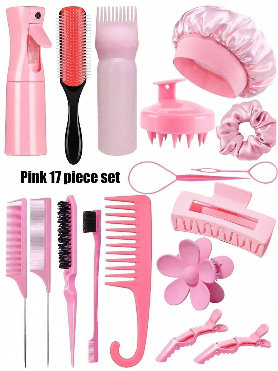 17pcs Bathroom Hairstyling Tool Set, Including Travel Bottles, Multi-Function High-Pressure Spray Bottle, Sleep Cap, Curling Brush Set, 9-Row Comb, Wide-Tooth Comb, Double-Sided Comb, Styling Comb, Tail Comb, Side Comb, Hair Brush, And Massage Brush. - A - View 1