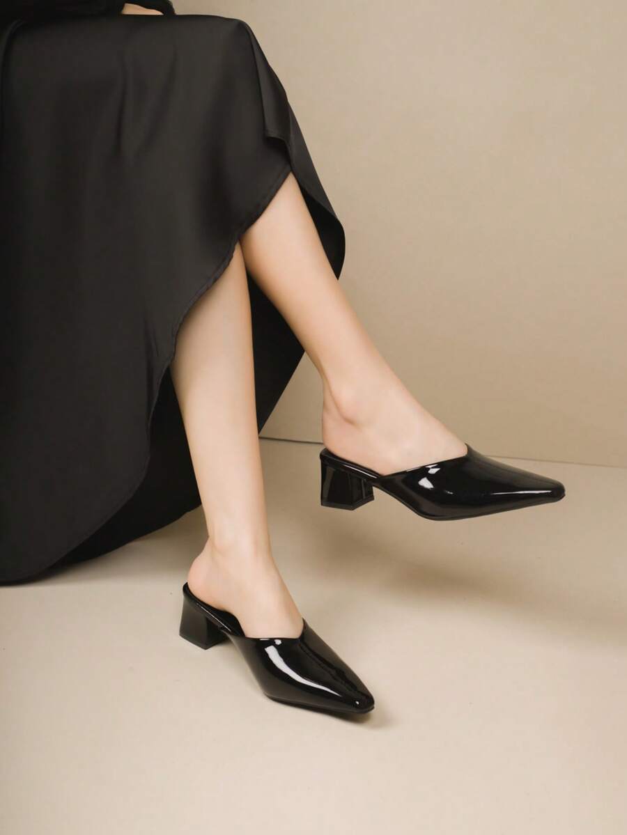 2026 New Casual Black Mule Slippers For Women, Thick Heel Slip-On Comfortable Loafers - Black - View 1