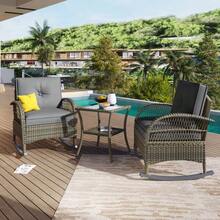 Rattan Balcony Set (3-Piece), Grey Cushions, Load Capacity 160 Kg - Grey - View 1