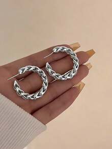 Retro Woven Textured Hoop Earrings, Metallic High-End Fashionable Versatile Earrings - Multicolor - View 8