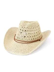 1pc Vintage Hollow Brim Wide Brim Straw Hat, Unisex Outdoor Travel Beach Hat, Handwoven Breathable Western Cowboy Panama Hat, Spring/Summer - A - 查看 9