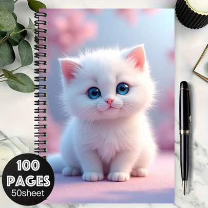 Notitieboekje met spiraalbinding, 100 pagina's, schattige witte kat met blauwe ogen op de cover, 50 vellen schrijfruimte, prachtig ontwerp, geschikt voor school, dagboek, dagelijkse planning, notities en een attent cadeau voor afstuderen of een verjaardag.