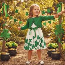 Baby Girls 2Pcs Irish Outfits Sleeveless Shamrock Print Dress + Long Sleeve Cardigan Set Toddler Clothes - 綠色 - 查看 5