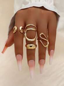 4Pcs /Set Fashion Bohemian Geometric Hollow Asymmetrical Abstract Design Adjustable Gold Rings Set For Women Jewelry Accessories - Vàng vàng - Xem 1