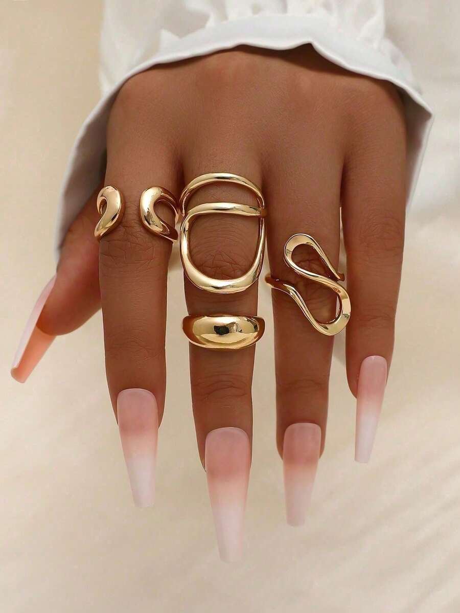 4Pcs /Set Fashion Bohemian Geometric Hollow Asymmetrical Abstract Design Adjustable Gold Rings Set For Women Jewelry Accessories - Vàng vàng - Xem 1