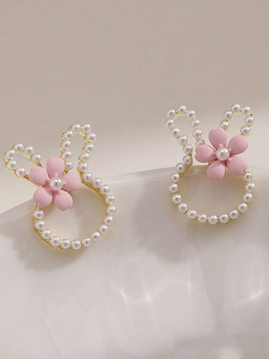 1 Pair Delicate Small Pink Flower & Faux Pearl Cute Rabbit Creative Elegant Earrings, Perfect Jewelry For Daily Wear And Easter - Multicolor - View 1