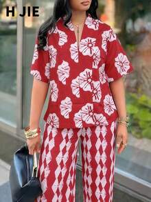 女士红色短袖V领花卉几何印花上衣搭配同色系阔腿裤，波西米亚休闲两件套，新年夏季度假穿搭 - 紅白色 - 查看 3