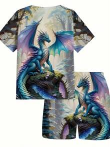 Ein Set aus übergroßem-Shirt und Shorts mit Drachenmuster-Design. Die ideale für den Sommer, aus weichem und atmungsaktivem Stoff, für Outdoor-Aktivitäten, maschinenwaschbar, auch in großen Größen erhältlich. - Mischfarben - Übersicht 2
