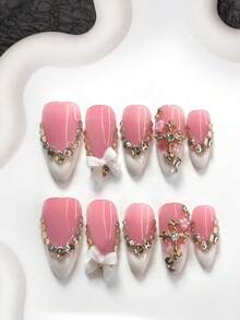 10pcs Luxury Heir Acrylic Nail Art Kit, Includes Champagne Rhinestones, White 3D Bow, Golden Cross, White Nail Polish, Nail Tools (1 Jelly Sticker + 1 Nail File), Almond & Oval Nail Shapes, Suitable For Daily, Party, Photo Shoot, Office Occasions Press On Nails - 彩色 - 查看 3