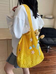 女士时尚夏季海星贝壳编织网眼手提包，大容量单肩包，适合度假 - 黃色 - 查看 6