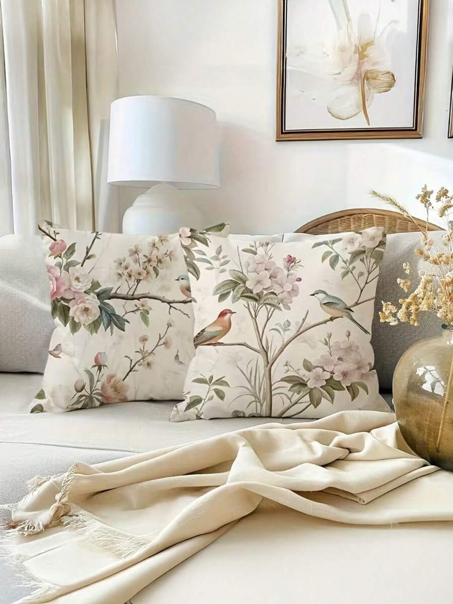 1/2/4pcs Printed Solid Floral & Bird Pattern Pillow Covers, Suitable For Home Bedroom, Living Room Sofa, Corridor, Office, Farmhouse Style, Hotel, Party Decor (Pillow Insert Not Included) - Multicolor - View 1