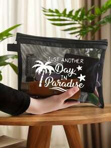 Large Mesh Beach Tote Bag Set For Women, Printed With "Just Another Day In Paradise" Letter Pattern, Mesh Tote Bag + Small Pouch + Straw Sun Hat + Heart Sunglasses, Mesh Beach Bag, Personalized Gift Bag, Mesh Cosmetic Bag, Swimming Beach Bag, Reusable Lightweight And Durable Shoulder Bag, Multifunctional Travel Handbag - Multicolor - View 4