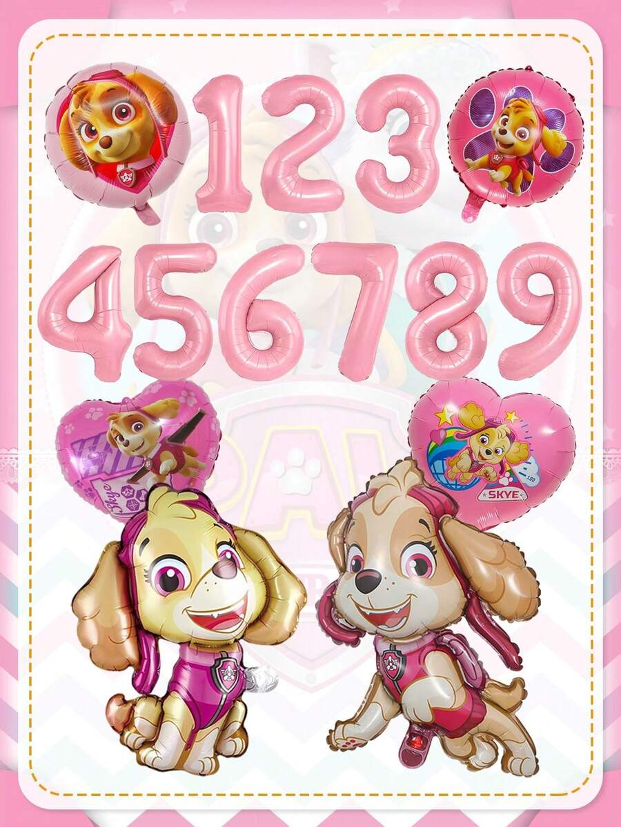 Paw Patrol Skye Themed Pink Aluminum Foil Balloons Set – 1-9 Number Balloons, Heart & Paw Print Balloons, 2 Styles Of Skye Character Balloons – Reusable Mylar Balloons For Birthday Party, Event Decorations, Photo Booth Props – High-Gloss, Party Supplies Ideal For Theme Celebrations & Shop Displays - Skye Balloon - View 1