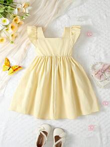 Vestido de Princesa Doce e Fofo para Meninas com Mangas Curtas Volumosas, Patchwork de Tule, Bordado, Cintura Marcada e Saia Rodada, Vestido de Festa de Férias de Verão - Amarelo - Visão 3