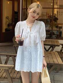 V-Neck Hollow White Shirt Dress, Loose Design Unique Lace Blouse, Mid-Length For Summer - White - View 7