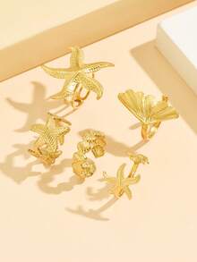 5pcs/Set Casual Beach Style Rings, Ocean Series Starfish & Shell Rings, Stainless Steel Open Rings With 18K Gold Plating, Waterproof & Fade Resistant, Women Jewelry Gift - Starfish Shells - View 4