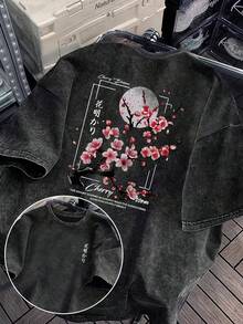 大尺碼女款水洗棉短袖T恤，花卉圖案，雙面印花，復古寬鬆版型，Y2K街頭風休閒夏季黑色 - 黑色 - 查看 2