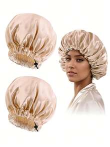 2件装缎面丝绸卷发睡帽，编织睡帽，可调节大号双层女士睡帽 - 顏色 - 查看 2