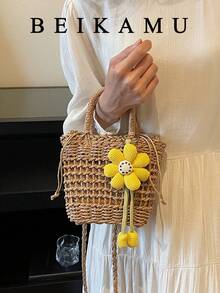 BEIKAMU New Khaki Woven Mesh Bag, Floral Decor Drawstring Tote Basket Bag, Handheld & Crossbody Versatile Beach Bag For Women - Khaki - View 2