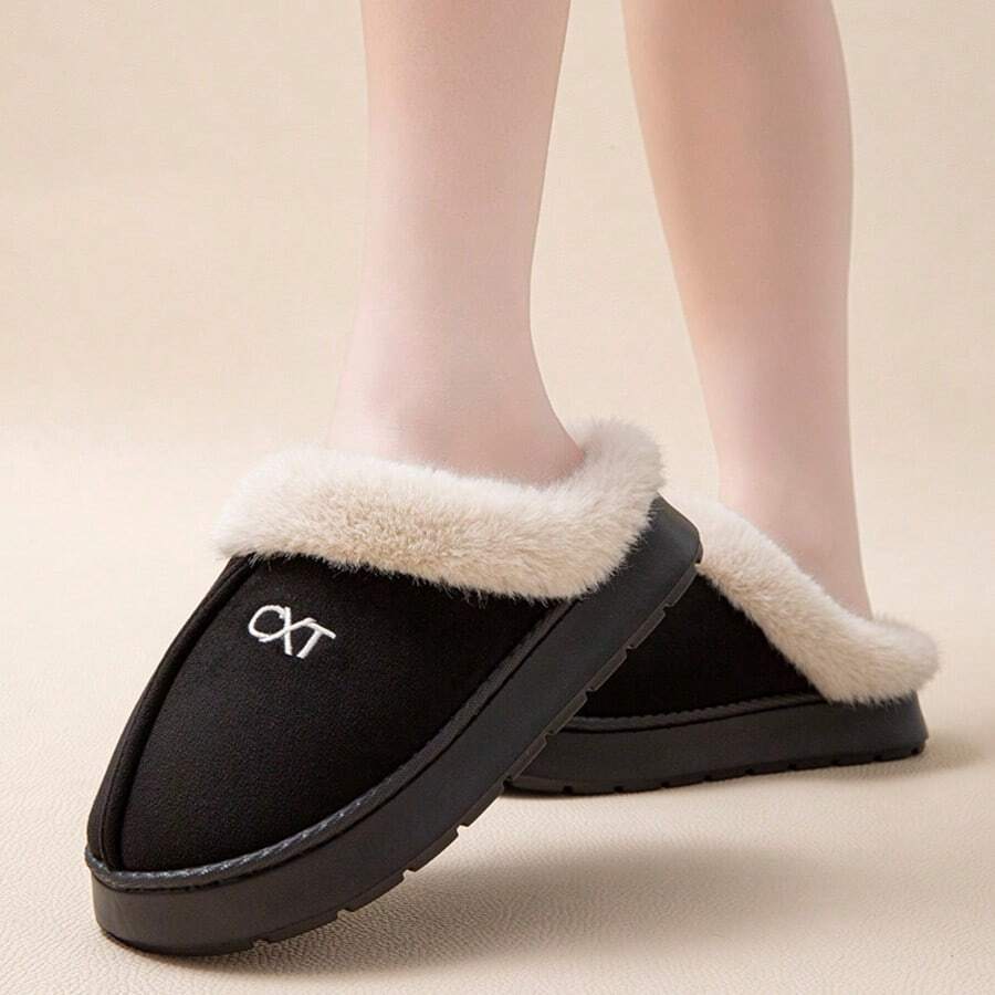 Thermal Slippers, Solid Color Casual Fabric Letter Design, Unisex Indoor Wear, Autumn/Winter - Black - View 1