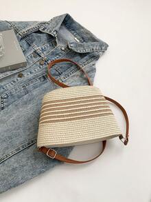 Bolso de cubo tejido de paja de estilo vacacional de moda, bolso de hombro cruzado versátil de gran capacidad para mujeres - Blanco - Ver 6