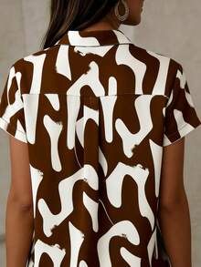 Vintage Inspired Women's Short Sleeve Brown Abstract Print Button-Front Shirt Collar Top Regular Fit In Polyester - Brown - View 5