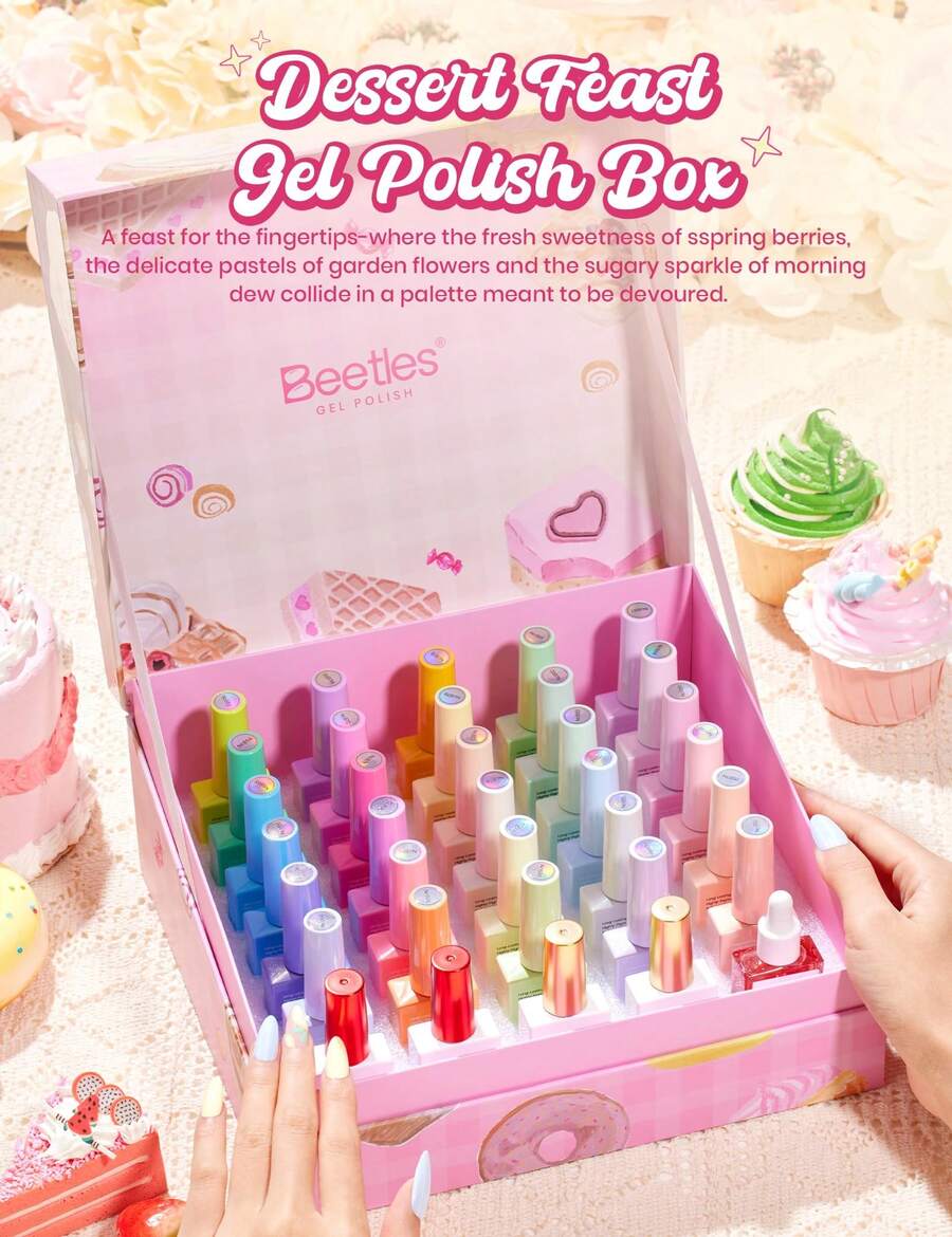 Beetles 30 Colors 10ml Each HEMA Free Spring Gel Polish Kit With Top And Base Coat, Swatch Card Soak Off UV LED Manicure - Tiệc tráng miệng - Xem 1