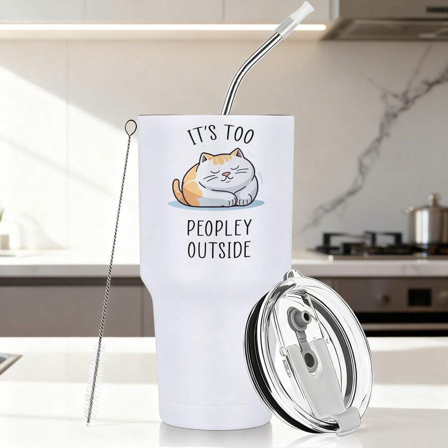 30oz Stainless Steel Tumbler Black White Options, It's Too Peopley Outside Cat Print Graphic Cups, Insulated Travel Coffee Mug With Lid And Straw , Double Wall Vacuum Reusable Travel Cups, Funny Birthday Party Gift For Women & Men - trắng - Xem 1