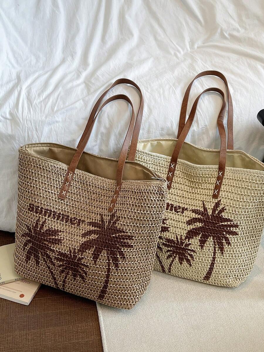 Summer Straw Tote Bag, Coconut Tree Pattern Women's Shoulder Handbag, Zipper Closure, Suitable For Beach & Holiday