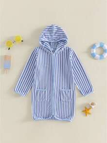 Kids Toddler Baby Girl Boy Terry Swim Cover Up Summer Beach Towel Swimsuit Coverups Baby Poncho For Kids Zip Up Long Sleeve Striped Hooded Bathing Suit Cover Up One Piece Swimsuits - 淺藍色 - 查看 1