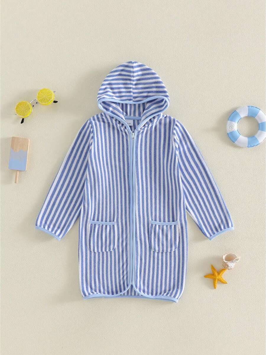 Kids Toddler Baby Girl Boy Terry Swim Cover Up Summer Beach Towel Swimsuit Coverups Baby Poncho For Kids Zip Up Long Sleeve Striped Hooded Bathing Suit Cover Up One Piece Swimsuits - 淺藍色 - 查看 1