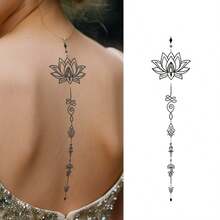 Lotus Flower Temporary Tattoo Stickers: Waterproof And Durable, Suitable For Chest, Back And Front Torso - Body Makeup - Shape: Rectangular,Spine Tattoo - Black - View 1