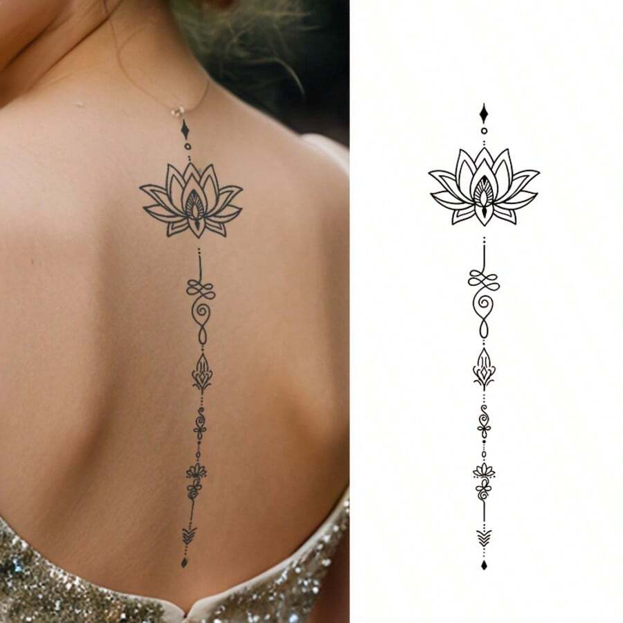 Lotus Flower Temporary Tattoo Stickers: Waterproof And Durable, Suitable For Chest, Back And Front Torso - Body Makeup - Shape: Rectangular,Spine Tattoo - Black - View 1