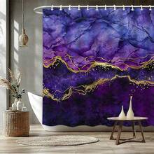四件套金色镶边大理石纹浴室帘套装，包含浴帘、浴室地垫（包括浴垫、U型地垫和马桶盖垫）和12个挂钩 - 紫色 - A - 查看 20