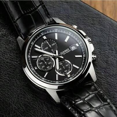  Casio MTH-5001 Business Three-Eye Chronograph Quartz Men's Watch 30M Waterproof Crocodile Pattern Leather Strap Men's Office Wristwatch