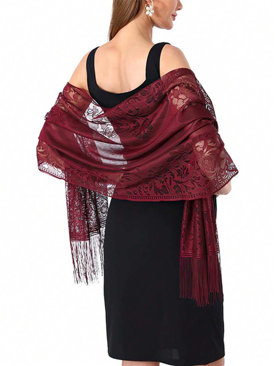 1pc Hollow Lace Tassel Scarf, Sunscreen Shawl Beach Wrap - Red - View 1