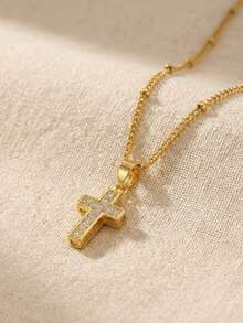 1pc Minimalist Elegant Gold-Plated Copper Zirconia Cross Pendant Necklace With Beaded Chain, Gift For Family, Friends, Daily Wear, Travel - Gold - View 5