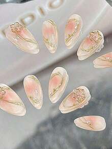 10 Pcs Handmade Press On Nails ,Gifts,Nails,Press On Short Nails, Almond Nails, Inlaid With Golden Flower Strips, Light And Luxurious, Elegant And In Temperament, Suitable Daily Use By Women Of Different Styles, Detachable And Reusable, And Can Also Be Given As Gifts To Female Friends Nail Supplies - L - 查看 12