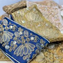 100厘米刺绣欧根纱缎带 - 花卉和菱形图案，饰以金色金属点缀，高品质面料，适用于DIY服装、配饰、家居装饰 - 混色，缝纫饰边，时尚装饰，闪亮点缀 - 杏色 - 查看 3