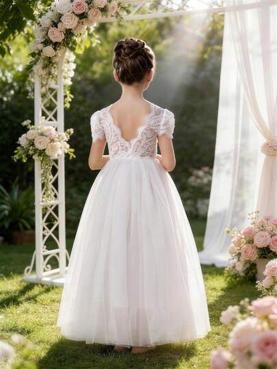 Young Girl Lace Trim V-Neck Mesh Party Dress, White Elegant Princess Gown, Suitable For Girls Birthday Party, Wedding, Bridesmaid, Flower Girl, Pageant