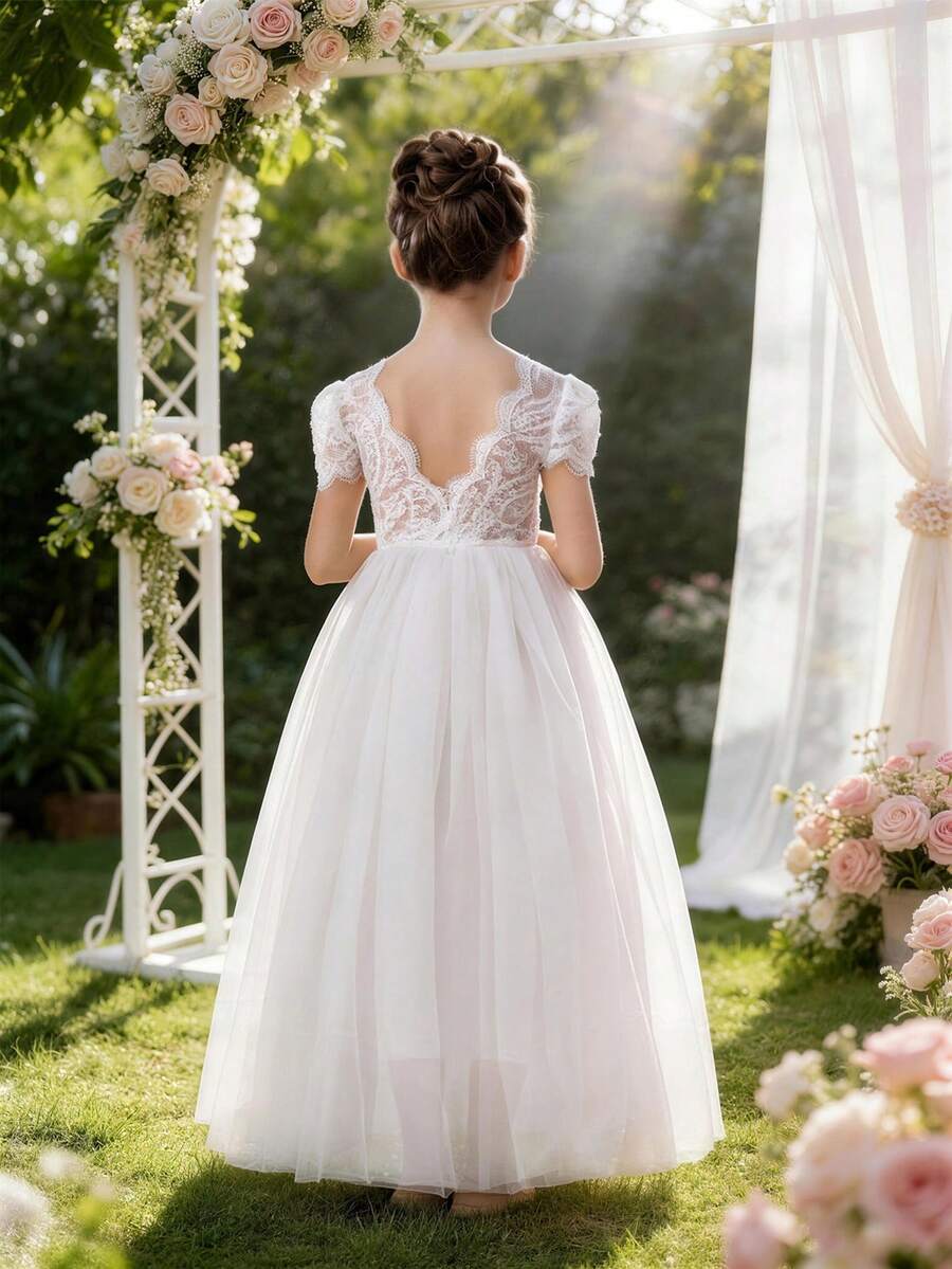 Young Girl Lace Trim V-Neck Mesh Party Dress, White Elegant Princess Gown, Suitable For Girls Birthday Party, Wedding, Bridesmaid, Flower Girl, Pageant - 白色 - 查看 1