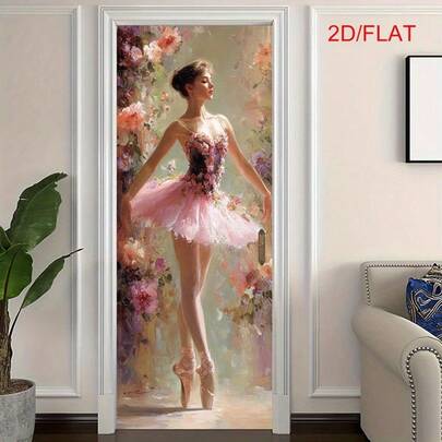 1/2 miếng dán cửa phẳng, mô tả một vũ công ba lê mặc váy hoa, thiết kế đơn giản, dễ dán và dễ gỡ. Tác phẩm nghệ thuật lãng mạn này thể hiện tư thế thanh lịch của một vũ công, với phông nền là một khu vườn hoa, hoàn hảo để thêm nét thẩm mỹ màu hồng nhẹ nhàng cho trang trí nhà bạn.