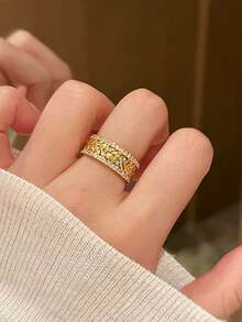 1pc Fashionable Elegant Luxury Cubic Zirconia Inlaid Unique Adjustable Open Ring, Suitable For Party, Wedding, Bridesmaid Wear - Yellow Gold - View 2