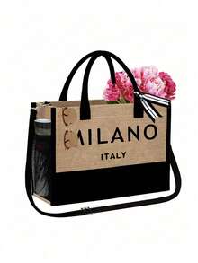 这款女士沙滩主题手提包套装饰有艺术感十足的“意大利米兰”标志，包含一个大容量手提包和两个化妆包。适合婚礼、度假和日常使用。 - 彩色 - 查看 12